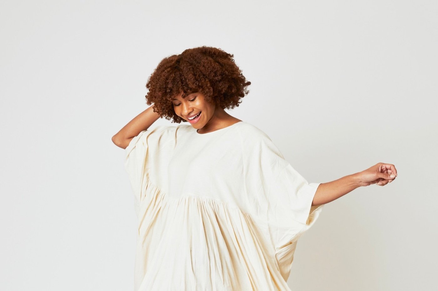 Woman wearing a natural-fabric dress