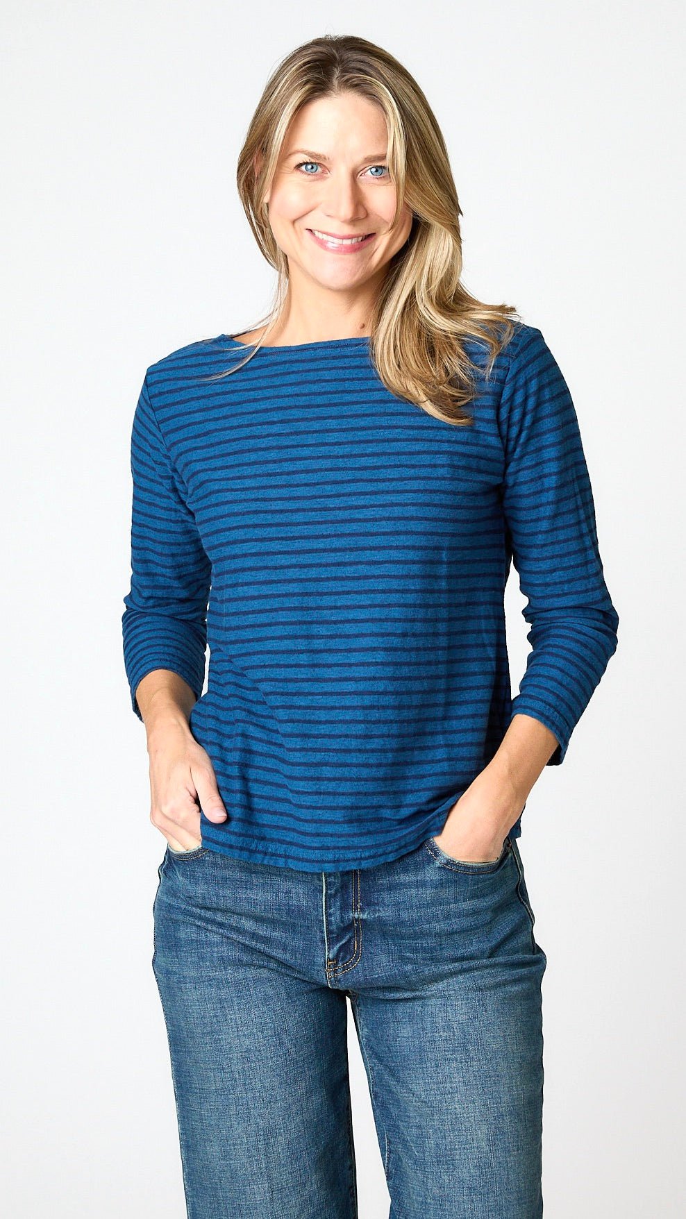3/4 Sleeved Striped Boatneck Top - Naval