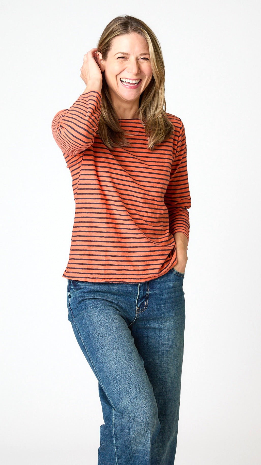 3/4 Sleeved Striped Boatneck Top - Tabasco