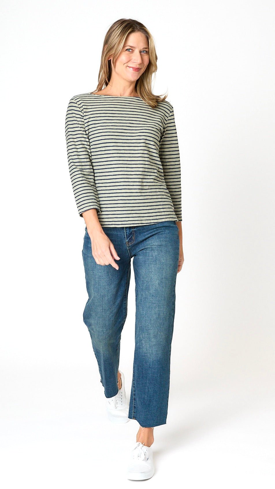 3/4 Sleeved Striped Boatneck Top - Balsam