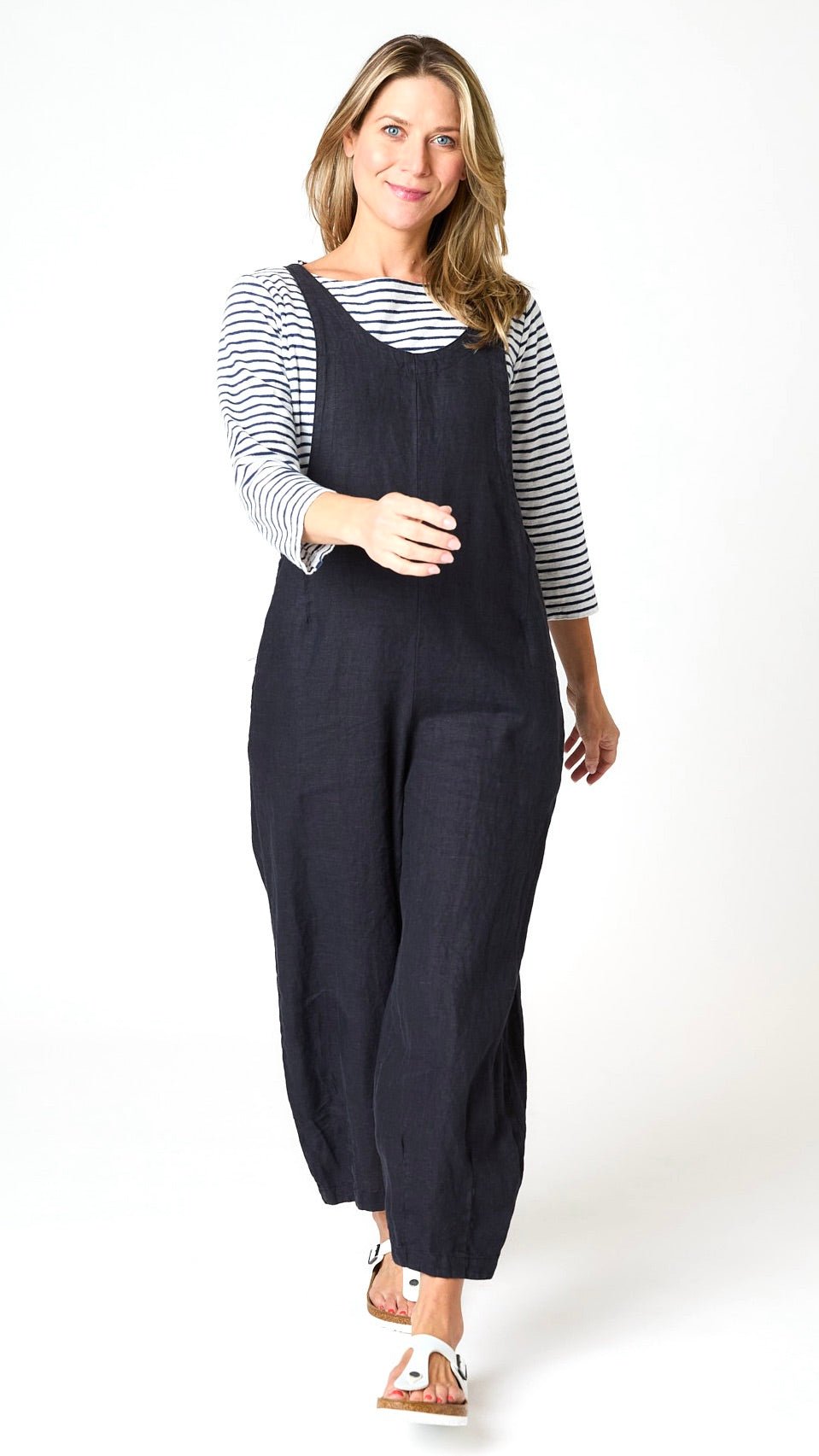 3/4 Sleeved Striped Boatneck Top - White