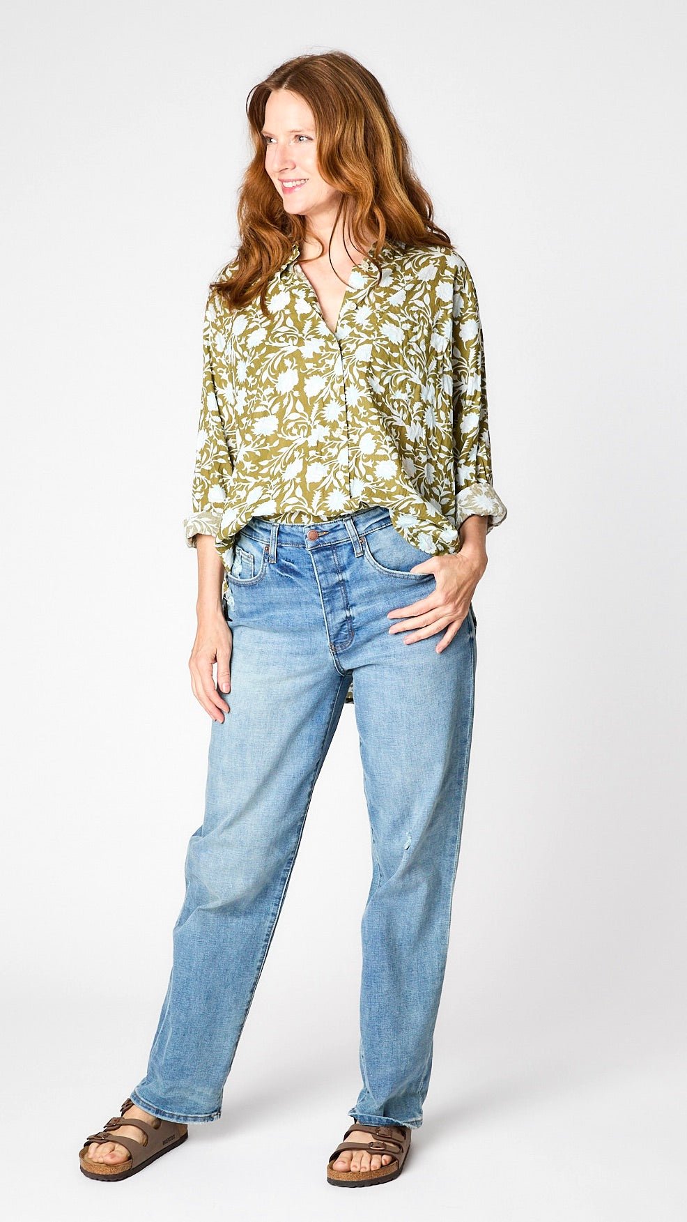 Good Boyfriend Shirt Floral Escape - Olive and Cerelean Blue