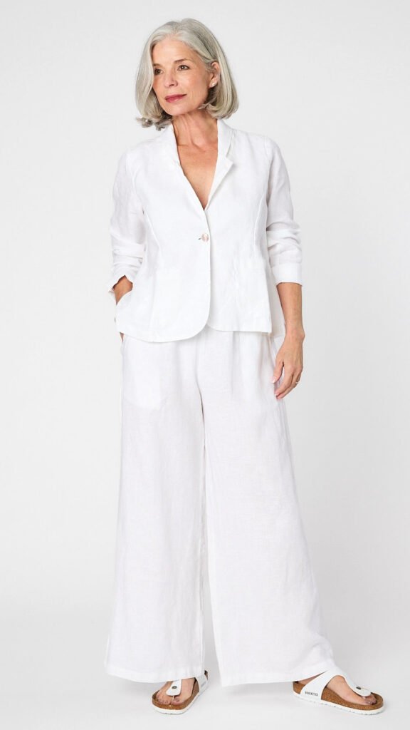 Model wearing white linen blazer over white, high waisted, wide leg linen pants with white sandals.